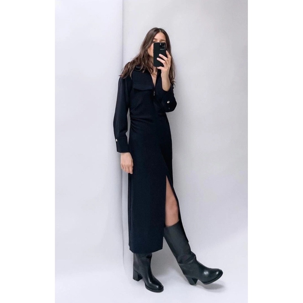 Zara Navy Blue Ruched Midi Dress Long Sleeve Zip Front Collared S office minimal